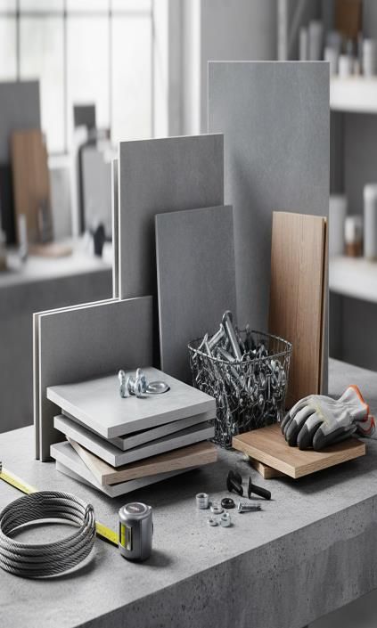 Construction materials including tiles, wooden flooring, fixings and tools