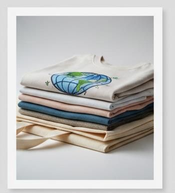 Stack of custom-printed cotton t-shirts and folded tote bags